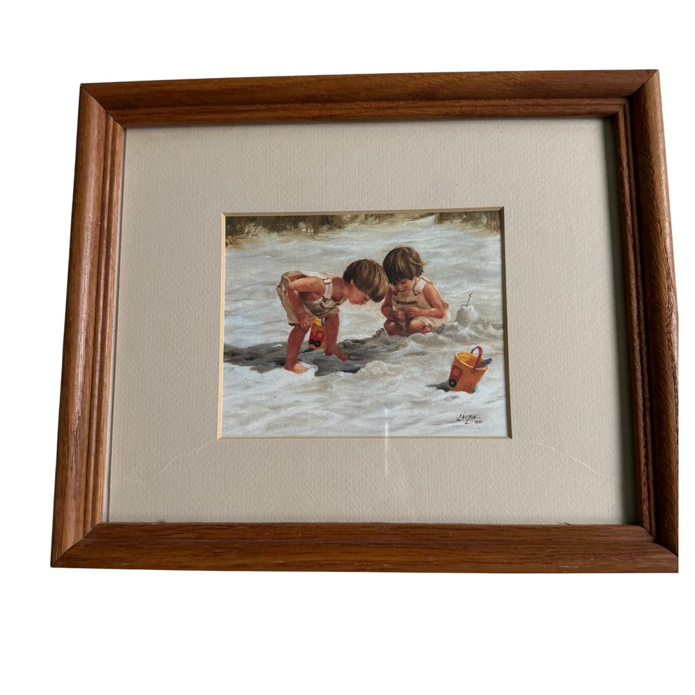 Vintage V. Ryan Lauzon Framed Art Print 1985 Beach Children Playing Sandcastle